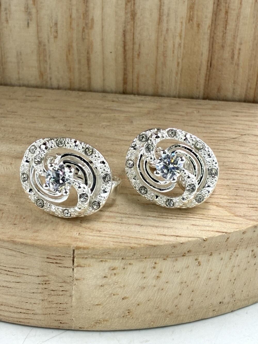 Silver Tone Rhinestone Swirl Clip On Earrings Clear Crystal Statement 1”